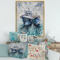 אמנות עיצוב 'סירות דיג כחולות לפני סערה מעוגנת' הדפס אמנות קיר בד ממוסגר ימי וחוף
