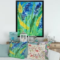 עיצוב אמנות 'צהוב וכחול פרחי בר וגואש דשא' הדפס אמנות ממוסגר מסורתי
